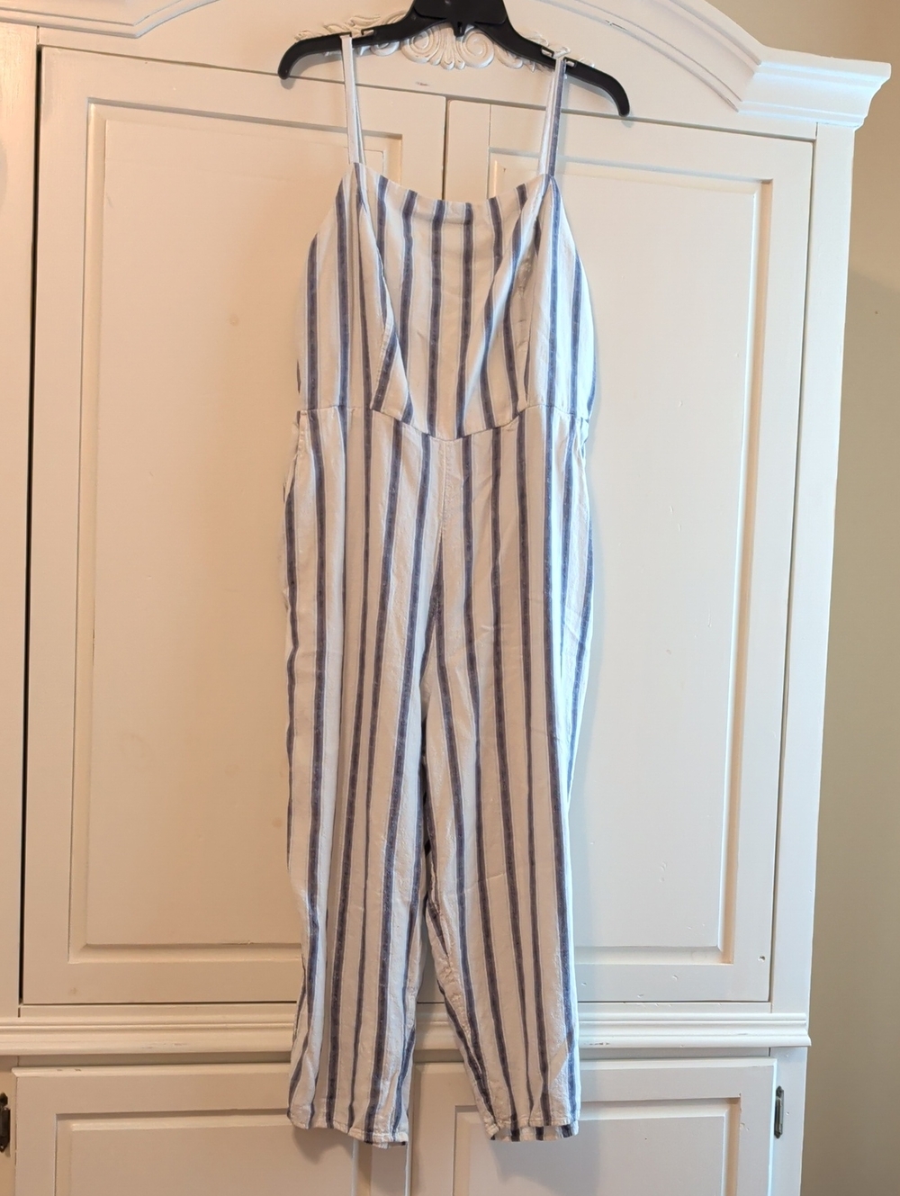 Old Navy White Jumpsuit with Blue Vertical Stripes